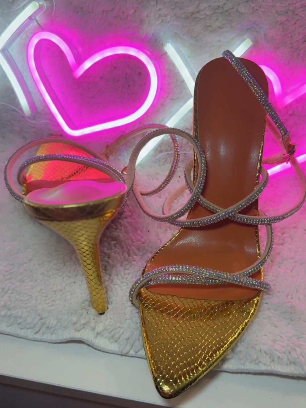 SHEIN Gold Metallic Stiletto Sandals with Rhinestone Straps